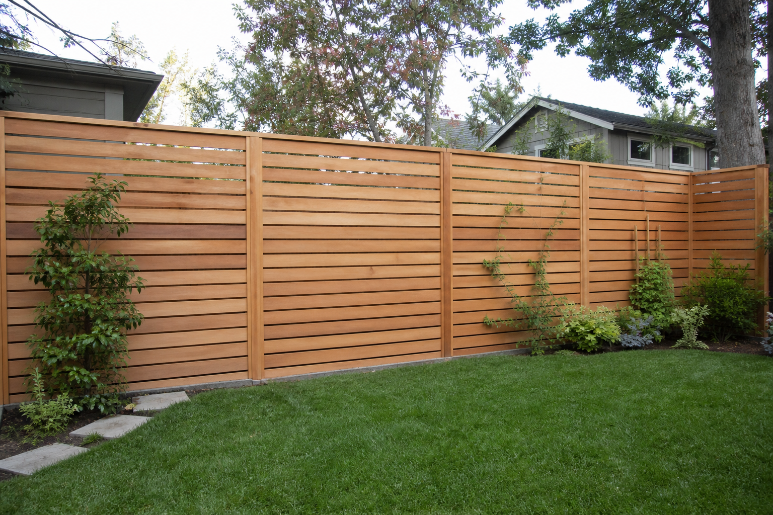 Horizontal board wood fence design